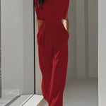 Loose Pleated Solid Color Split-Joint Round-Neck Jumpsuits
