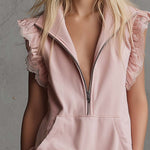 Elegant Retro Sporty V-neck Front Zipper Sleeveless Lace Trim Pink Cotton Mini Dress