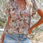 Nadorine Women's Boho Floral Print V Neck Short Sleeve Drawstring Tops Loose Blouses Button Down Shirts