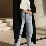 Open Front Drop Shoulder Pocketed Long Sweater Cardigan