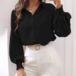 Nadorine V Neck Crinkle Crepe Lantern Sleeves Shirt Top Button-Down Loose Blouse