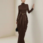 Long Sleeves Buckle Draped High-Neck Evening Dresses Maxi Dresses