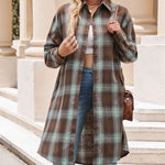 Nadorine Plaid Longline Button-Up Shacket Lapel Neck Long Sleeve Shirt Pocket
