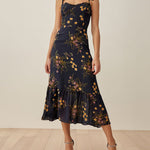 Vintage Floral Dress Frill Neck Sleeveless Strap Tie Ruffle Hem Beach Dress