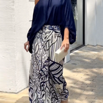 Loose Puff Sleeves Solid Color Off-The-Shoulder Blouses& Printed Pants Two Pieces Set