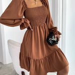 Square Neck Long Sleeve Shirred Ruffle Hem Dresses High Waist A Line Knee Length Elegant Mini Dress