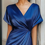 Loose Short Sleeves Asymmetric Solid Color Split-Joint V-Neck Evening Dresses Maxi Dresses