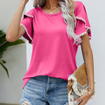 Pom-Pom Trim Flutter Sleeve Round Neck Tee Casual Blouses Tops