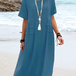 Solid Color Round Neck Short Sleeve Midi Dress Summer Holiday Casual Maxi Sundress
