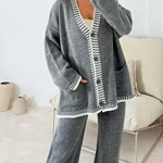 Nadorine Women's Casual Two-pieces Outfits Contrast Trim Knitted Cardigan and Trousers Pants Sets