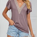 Zeagoo Zeagoo Women's Contrast Lace Trim V Neck Blouses Petal Short Sleeve Tunic Loose Casual Soft Shirts