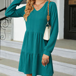 Solid Color Patchwork V-Neck Long Sleeves Loose-Fitting A-Line Dress