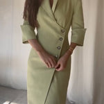 Elegant Look Linen Blend Stand Lapel Neck Half Sleeve Side Button Midi Dress