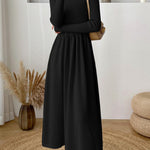 Long-Sleeve High Neck Plain Ribbed Midi A-Line Knit Dress