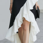 Black & White Asymmetric Ruffle Halter Gown