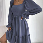 Square Neck Long Sleeve Shirred Ruffle Hem Dresses High Waist A Line Knee Length Elegant Mini Dress