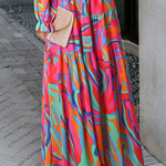 Multicolor Floral Print Ruffle Trim Plunge Neckline Maxi Dress