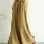 Artistic Ramie Cotton Drawstring Elasticity Loose Wide-Leg Pants