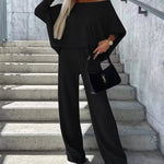 Solid Color Two Pieces Sets Off-shoulder Bat Sleeve Top Casual Wide Leg Pants Suit