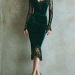 Elegant Green Velvet Long Sleeve Lace Midi Dress