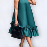 A-Line High Waisted Pleated Ruffle Trim Solid Color Round-Neck Midi Dresses