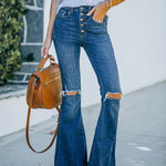 Single Row Buttons Horn Flared Jeans