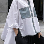 A-Line High-Low Buttoned Contrast Color Pockets Split-Side Stand Collar Blouses&Shirts Tops