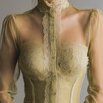 Romantic Mesh And Lace-trimmed Bustier-style Blouse