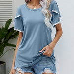 Pom-Pom Trim Flutter Sleeve Round Neck Tee Casual Blouses Tops