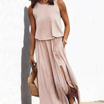 Nadorine Women's Crewneck Sleeveless Split Maxi Dress Casual Loose Sundress Long Flowy Beach Dress with Pockets