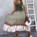 Tie Dye Sleeveless Long Dress Flowy Boho Maxi Sundress Spaghetti V Neck Dress with Belt