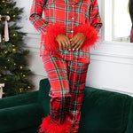 Christmas Besties Party Printed Feather Trim Elastic Waist Pocketed Pajama Set