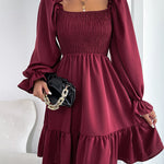Square Neck Long Sleeve Shirred Ruffle Hem Dresses High Waist A Line Knee Length Elegant Mini Dress