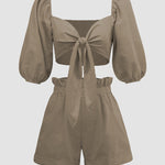 Half Sleeve Knot Front Crop Cardigan Top with Shorts Sets