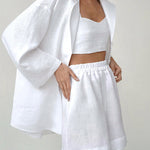 Nadorine Cotton Two-Piece Set Loose Fit Long-Sleeved Button Shirt Casual Shorts Suits