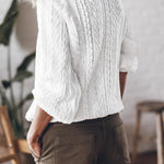 White Solid Cable Knit V Neck Puff Sleeve Cardigan