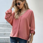 Nadorine V-Neck Long Sleeve Buckle T-Shirt Plain Shirts Shirt Top Elegant Shirts Casual Slim Fit Basic