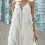 White Halter Ruffled Chiffon Maxi Dress