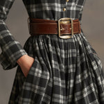 Retro Ethnic Style Lapel Reddish Brown Plaid Maxi Dress