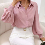 Nadorine V Neck Crinkle Crepe Lantern Sleeves Shirt Top Button-Down Loose Blouse
