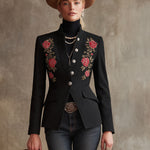 Stand Collar Single-breasted Rose Embroidered Woolen Blazer