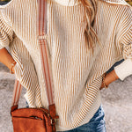Bright Pink Striped Contrast Trim Loose Sweater