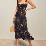 Vintage Floral Dress Frill Neck Sleeveless Strap Tie Ruffle Hem Beach Dress