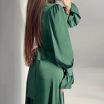 Long Sleeve Belted Puff Sleeve Green Elegant Dress
