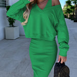 Elegant Two-piece Set Sexy V-neck Off-shoulder Sweatshirt & Sleeveless Knitted Dress Skirt