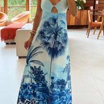 Vacation Blue Suspender Print Dress