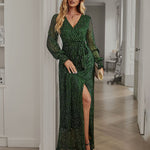 V-neck High Split Long Evening Dress with Belt