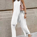 Summer Loose Casual Sleeveless Round Neck Split Blouse Wide Leg Pants Set