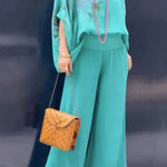 V-neck cotton and linen printed top and trousers casual suit