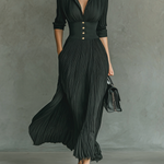 Women's Solid Color Pleated Lapel Waist Long Sleeve Maxi Dress